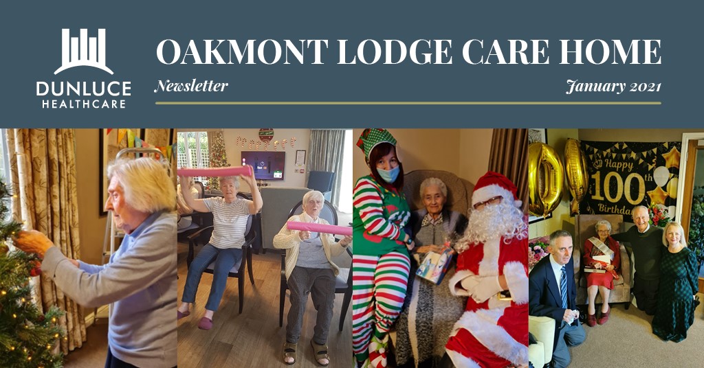 A collection of images featuring residents from Oakmont Lodge. Image one shows a lady decorating a Christmas tree, image two shows two ladies playing with foam rollers, image three shows a lady enjoying a visit from Santa and his elf, and the fourth image shows a lady celebrating her 100th birthday with friends and family.